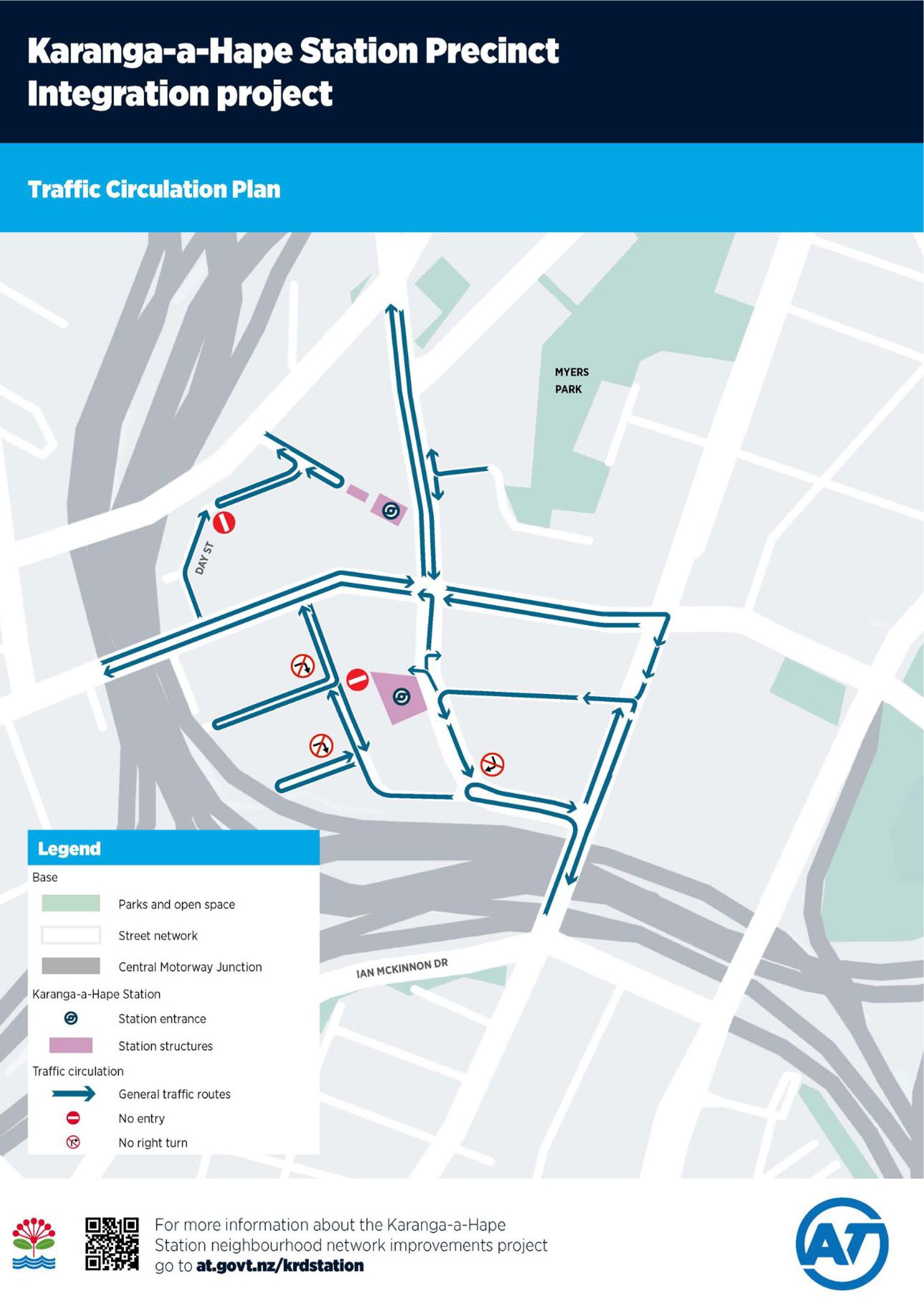 Map of Karanga-a-hape Station precinct showing general traffic routes, no entry and no right turn streets.