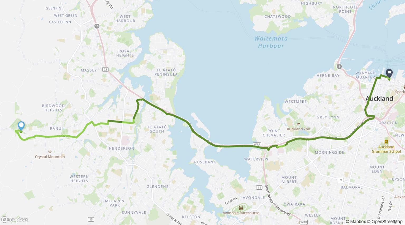 Map showing cycling route from Swanson Station to Waitematā Station (Britomart)