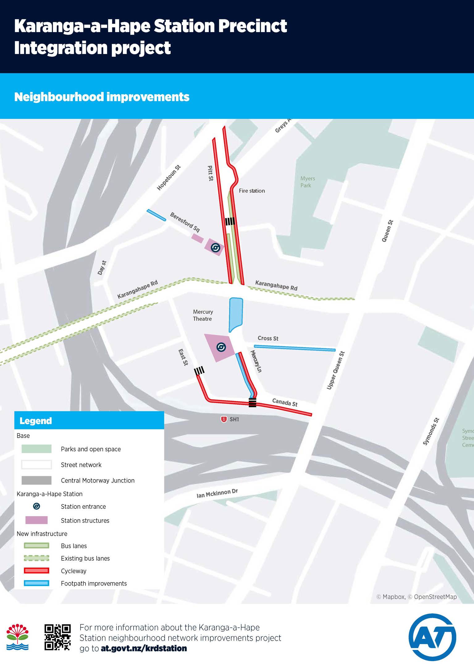 Map of Karanga-a-hape Station precinct showing locations of neighbourhood improvements, including bus lanes marked in green, cycleways in red and footpath improvements in blue.