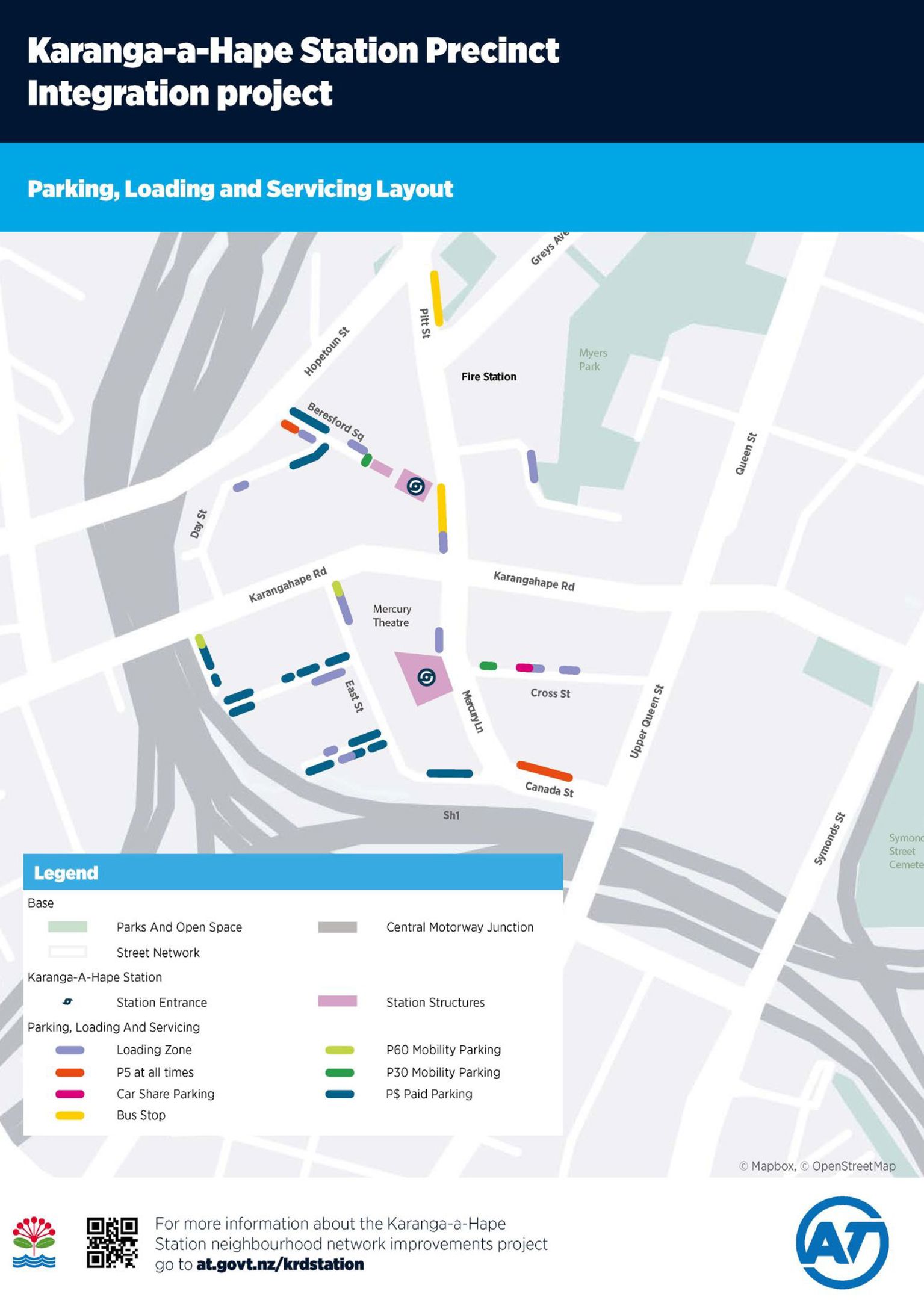 Map of Karanga-a-hape Station precinct showing general traffic routes, parking spaces, loading zones, shared 
zones and more.