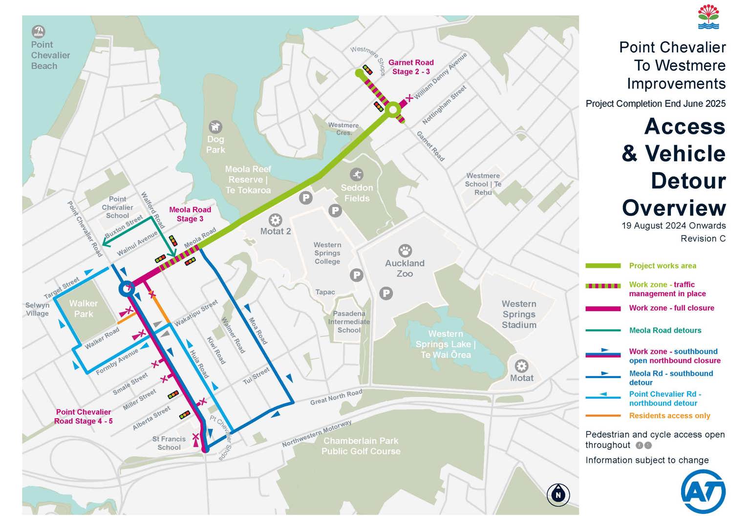 Map showing access and vehicle detours during the Point Chevalier to Westmere improvement work